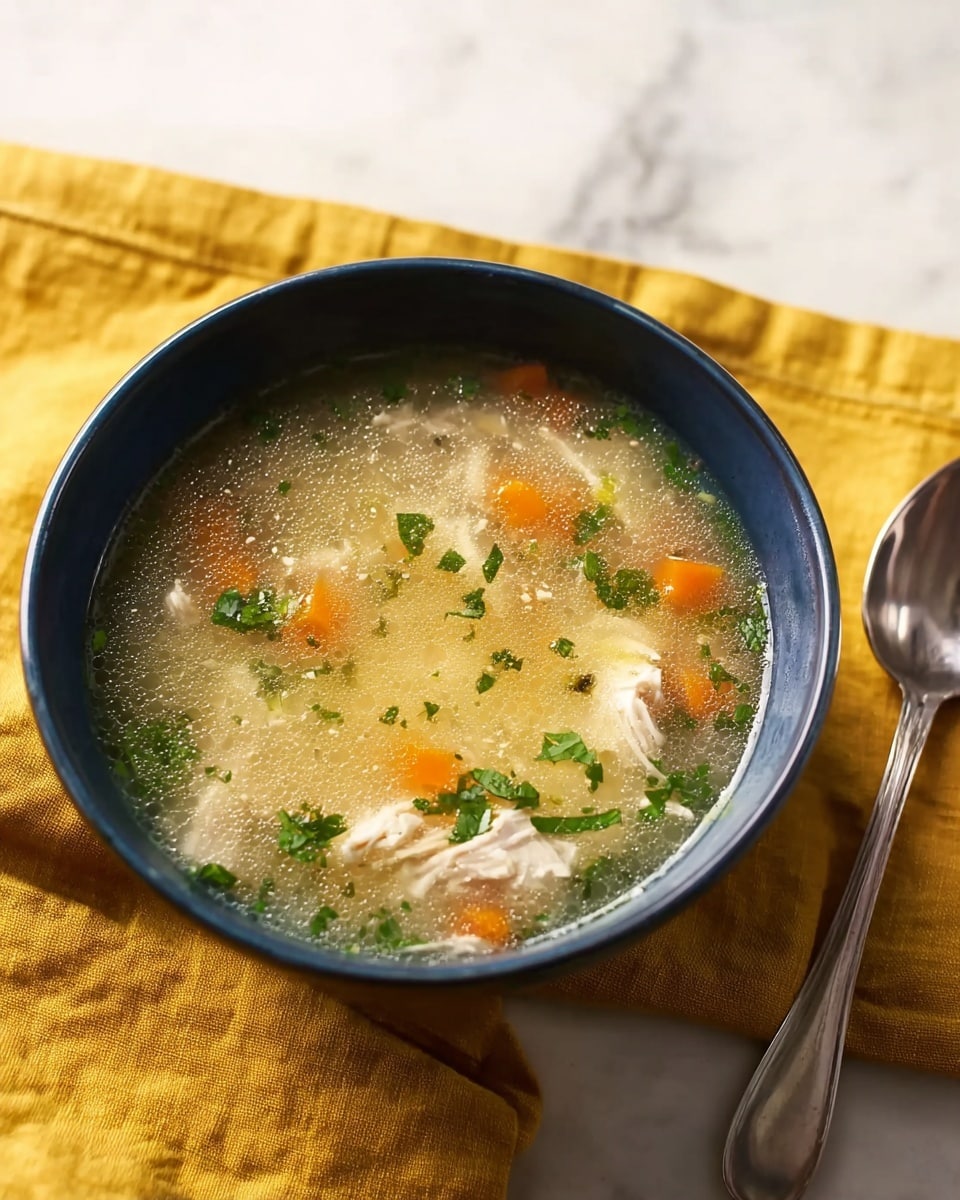 A close-up of a dark blue bowl filled with clear chicken soup showing three main layers: the transparent broth at the bottom with small green herb pieces floating, tender white chicken chunks and strips in the middle, and small bright orange carrot cubes on top. A silver spoon is lifting some broth, chicken pieces, and carrot cubes from the bowl. The bowl sits on a yellow cloth with a soft white marbled surface behind it. Photo taken with an iphone --ar 4:5 --v 7