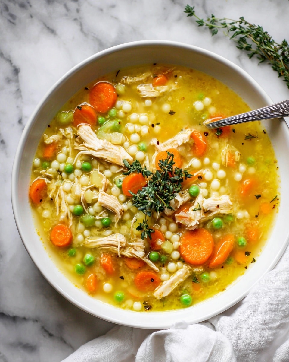A white bowl filled with a bright yellow broth soup containing shredded chicken pieces, round pearl-like pasta, sliced orange carrots, and green peas scattered throughout. On top, a small bunch of fresh green thyme sprigs rests as a garnish. A silver spoon is placed inside the bowl at the top right, partially submerged in the soup. The bowl sits on a white marbled surface with a white cloth and a sprig of thyme nearby. photo taken with an iphone --ar 4:5 --v 7