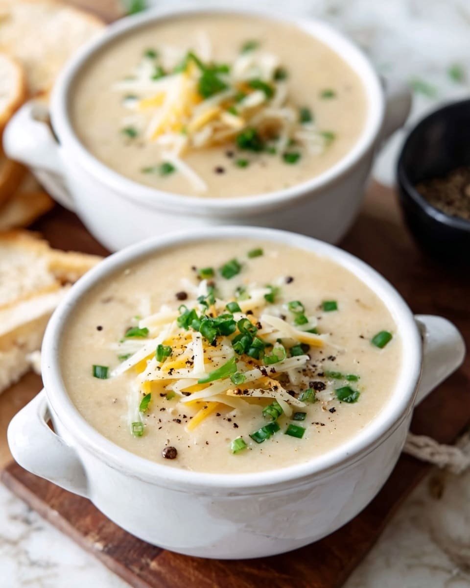 The image shows a white soup bowl with two small handles filled with creamy light beige soup. The soup is smooth and thick, topped with thin pale yellow strips of cheese and small, bright green chopped chives. There is a light sprinkle of black pepper on top. The bowl is placed on a white marbled surface, and the background is softly blurred with hints of wooden texture and a white cloth visible. Photo taken with an iphone --ar 4:5 --v 7