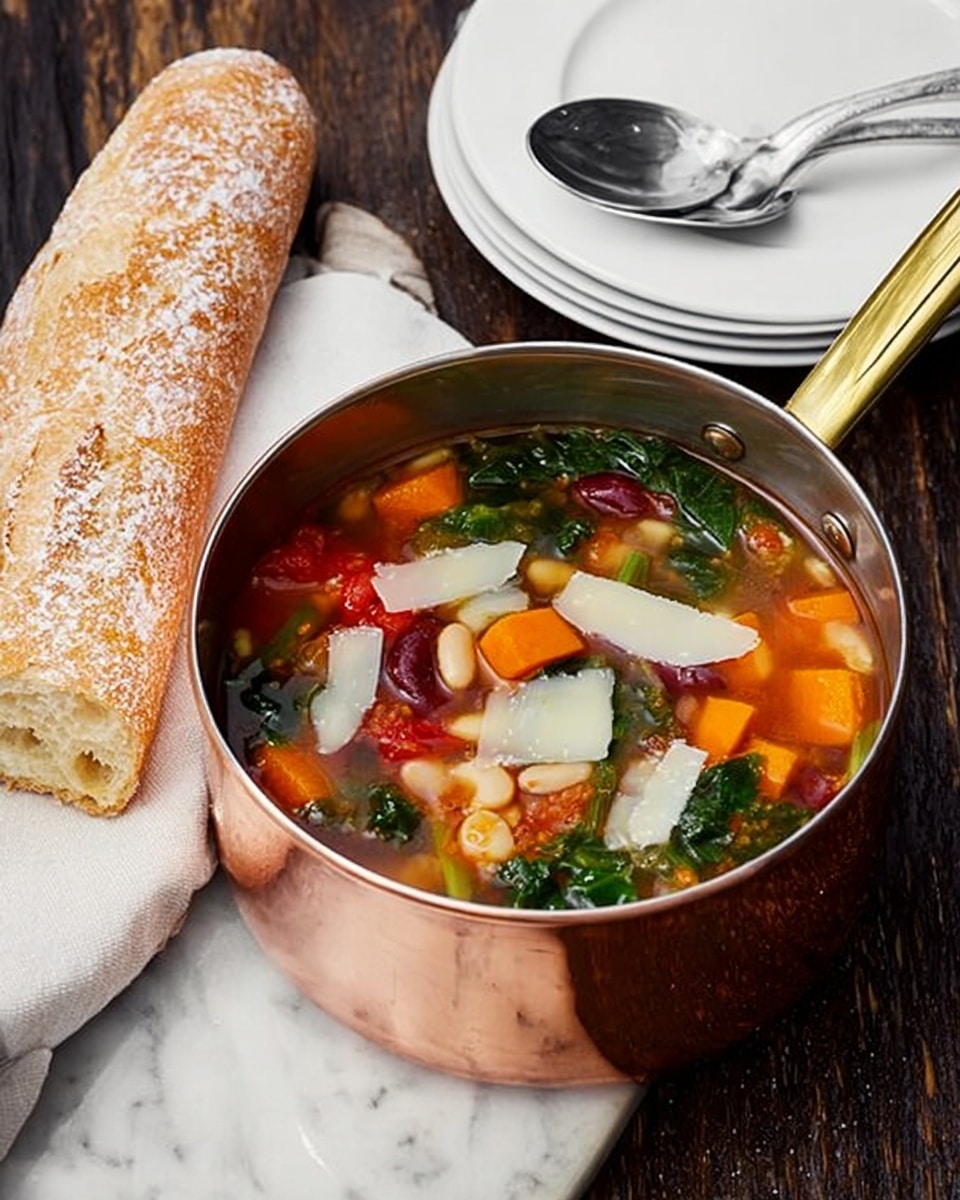The image shows a shiny copper pot filled with a colorful vegetable soup on a white marbled surface. The soup has clear broth with visible layers of bright orange carrot pieces, deep red tomato chunks, dark green leafy vegetables, white beans, and topped with several thin white slices of what looks like cheese. The pot handle is golden and points to the right. Next to the pot, there is a white napkin underneath a fresh baguette with a light dusting of flour, and two stacked white plates with a shiny spoon resting on top. The surface beneath everything is a rustic dark wood. photo taken with an iphone --ar 4:5 --v 7