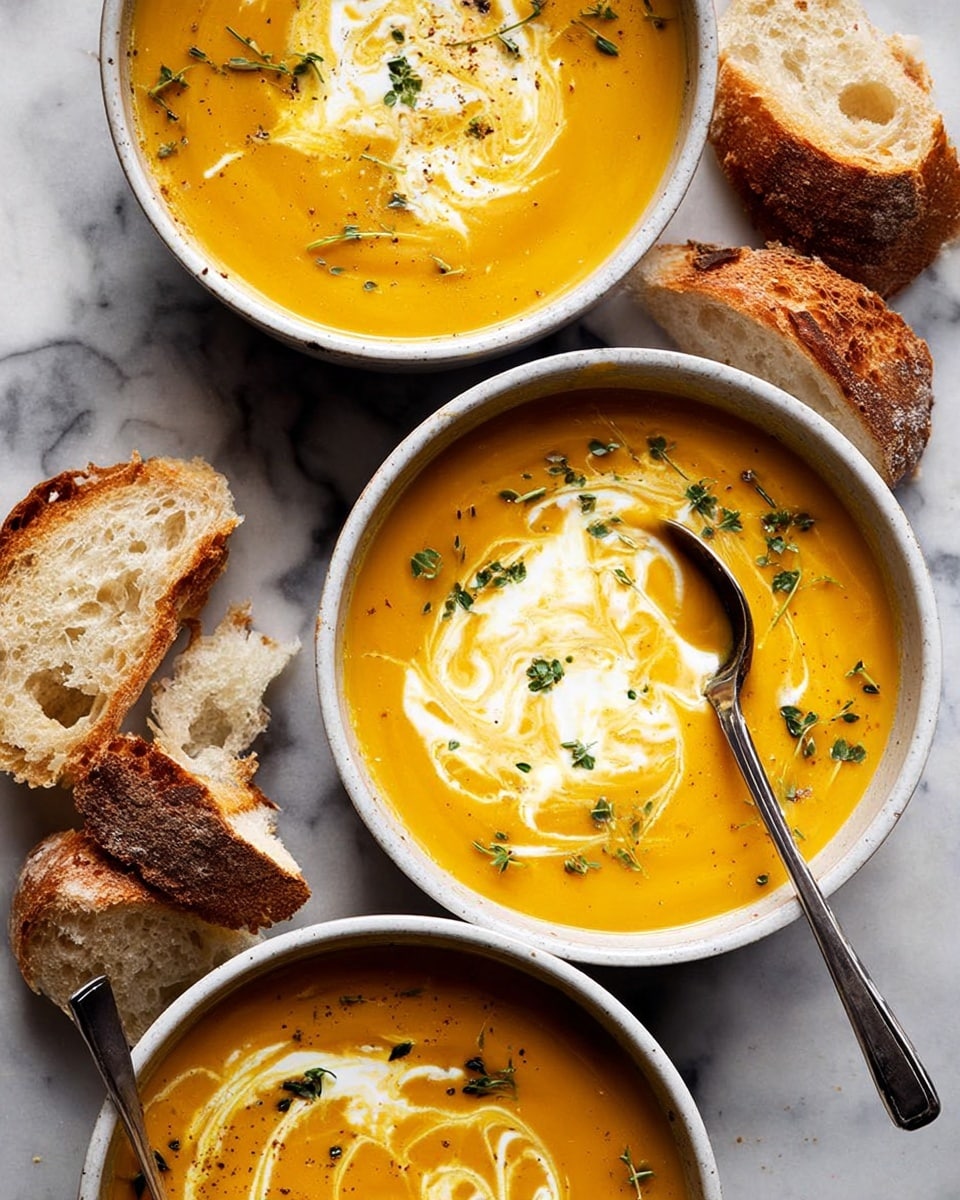 A large round pot filled with creamy orange soup with a smooth texture fills the frame, with a ladle inside scooping some soup. There is a swirl of white cream on the soup's surface in a twisted pattern. The soup is also sprinkled with finely chopped green herbs and a light dusting of reddish-brown spices spread evenly, adding texture and color contrast. The pot and ladle are set on a white marbled surface. Photo taken with an iphone --ar 4:5 --v 7
