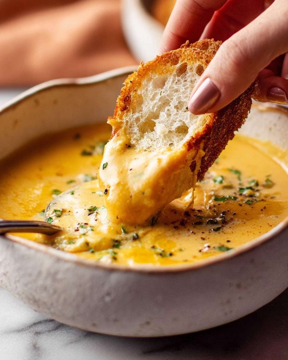 A woman's hand is dipping a piece of bread with a golden-brown crust and soft, fluffy white inside into a creamy, smooth cheese sauce that is thick and yellow-orange in color. The sauce has small specks of green herbs and black pepper sprinkled on top. The bowl holding the sauce is white with a slightly rough texture on the outside, sitting on a white marbled surface. A silver spoon is partially submerged in the sauce, resting inside the bowl. The background is softly blurred with light warm tones. photo taken with an iphone --ar 4:5 --v 7