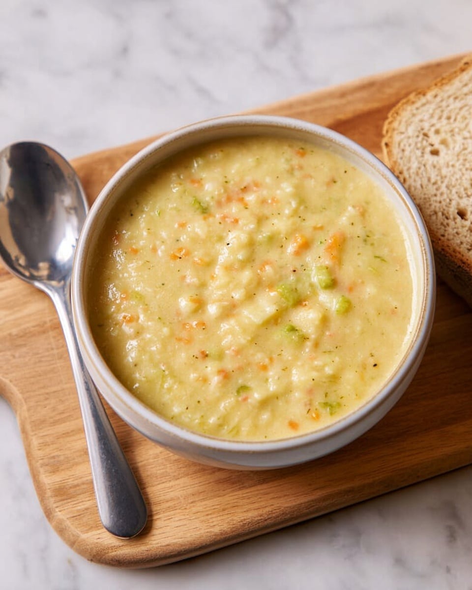A single white bowl holds a thick, creamy soup with a pale yellow color, showing small bits of orange and green vegetables mixed throughout, giving it a textured look. The bowl sits on a light wooden board, with a shiny silver spoon placed beside it to the left, and part of a slice of bread visible on the upper right. The background is a white marbled texture. Photo taken with an iphone --ar 4:5 --v 7