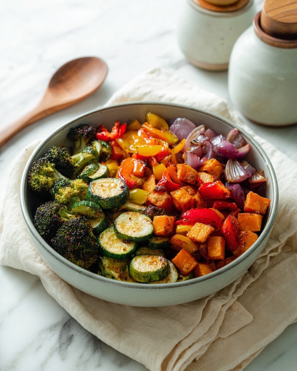 A bowl filled with a colorful mix of roasted vegetables including green zucchini slices with light golden browning, bright orange carrot cubes, green broccoli florets with charred edges, red and yellow bell pepper pieces, and small chunks of purple onion. All the vegetables are mixed evenly, sitting inside a round white bowl. The bowl is placed on a white marbled surface, next to a white cloth and wooden spoon on the side, with salt and pepper containers in the background. Photo taken with an iphone --ar 4:5 --v 7
