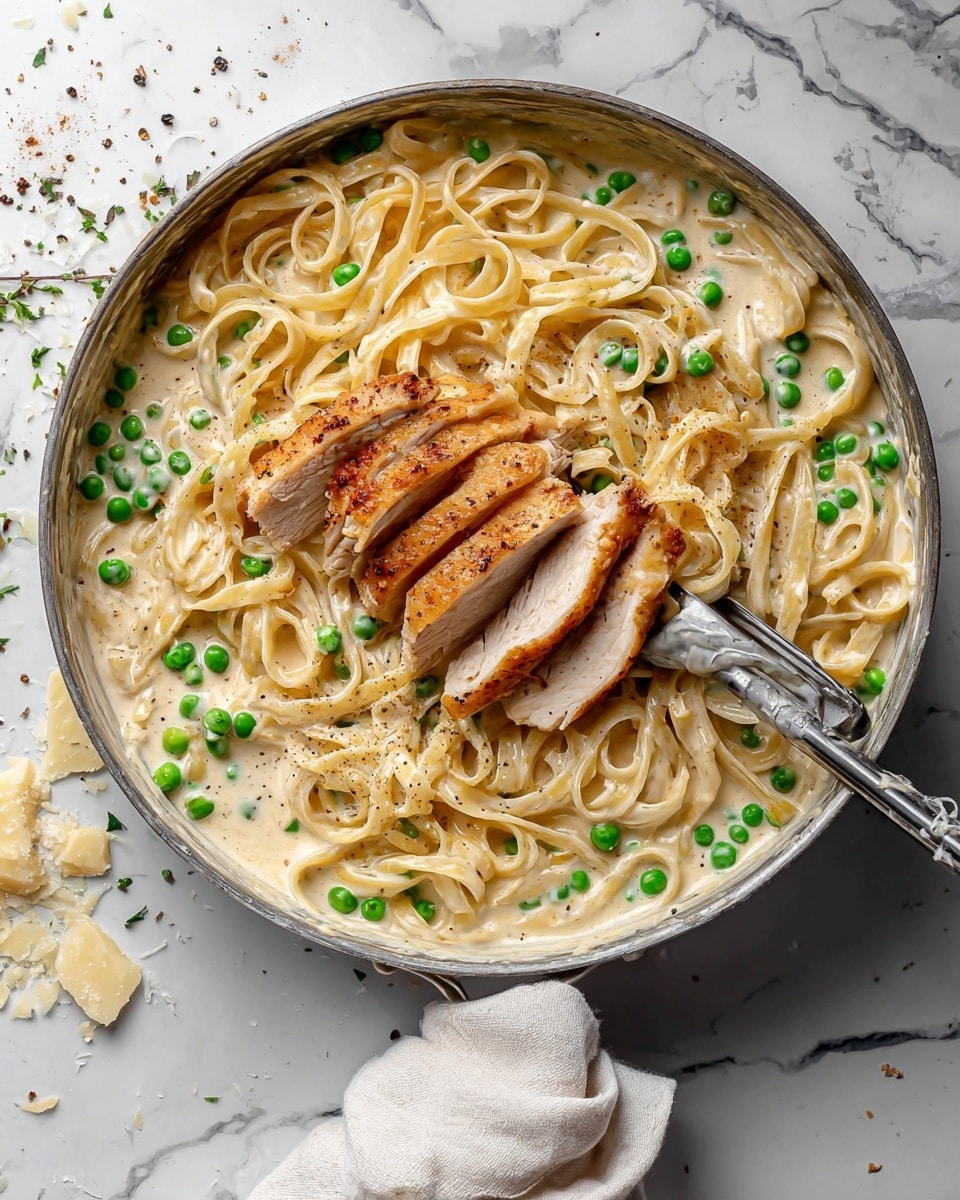 The image shows a large pan filled with creamy fettuccine pasta mixed with green peas, all coated in a thick white sauce. On top, there are several slices of golden-brown cooked chicken arranged neatly in the center. The pasta strands are soft and tangled, mixed evenly with the peas throughout the sauce. A pair of silver tongs rests inside the pan, partially covered with the creamy sauce and pasta. The pan is placed on a white marbled surface with scattered black pepper and some cheese crumbs around it. A light cream cloth is draped near the pan. photo taken with an iphone --ar 4:5 --v 7