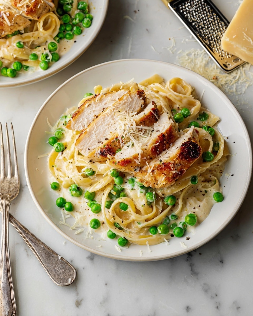 A white plate holds a creamy fettuccine pasta mixed with bright green peas, forming the base layer. On top, two thick slices of golden-brown grilled chicken rest, sprinkled with grated cheese. The pasta is covered in a smooth, white sauce with a few black pepper bits visible. To the left side of the plate, a metal fork and spoon are placed side by side. The plate is set on a white marbled surface, with another similar plate partially visible in the background and a cheese grater to the upper right with some cheese crumbs scattered nearby. photo taken with an iphone --ar 4:5 --v 7