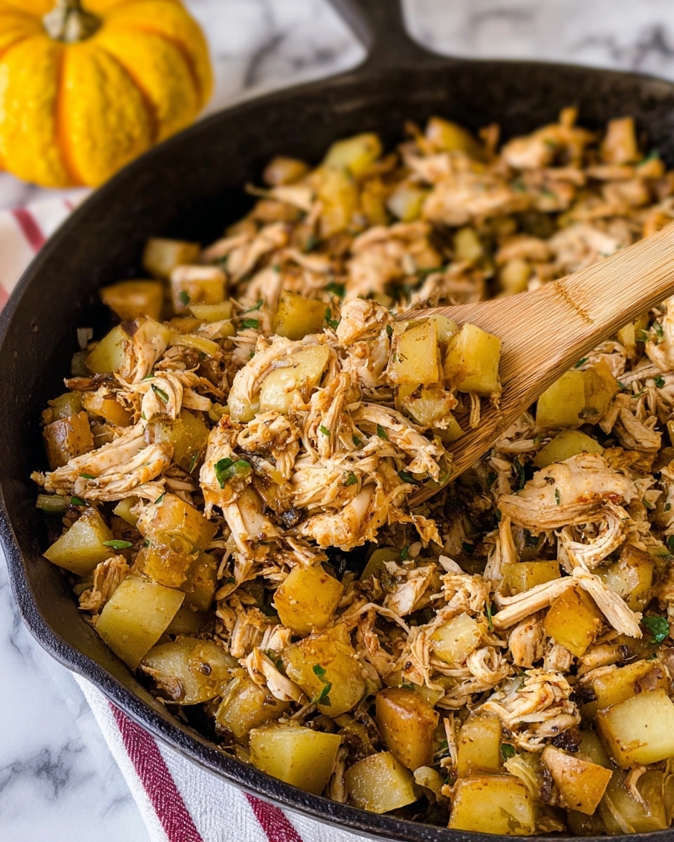 This image shows a close-up of a black cast iron pan filled with shredded cooked chicken mixed with small yellow potato cubes and green herb pieces. The chicken is light brown with darker browned spots, and the potatoes have a soft, cooked texture with a slight golden color. A wooden spoon lifts a portion of the mixture from the pan, showing more of the chicken and potatoes. The background is a white marbled surface with a yellow decorative gourd and part of a white cloth with red stripes visible around the edges. Photo taken with an iphone --ar 4:5 --v 7