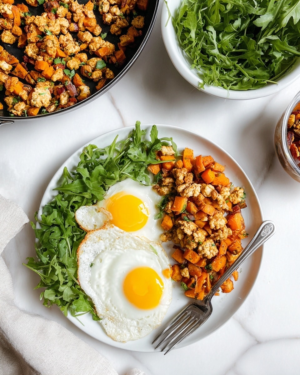 A white plate on a white marbled surface holds two sunny-side-up eggs with bright yellow yolks and white, slightly crispy edges on the left side. To the right of the eggs is a fresh green arugula layer with slightly ruffled leaves. Covering the right half of the plate is a mix of scrambled light brown tofu and orange sweet potato cubes, showing a soft and slightly crumbly texture. A silver fork lies beside the plate, and nearby are a bowl of fresh arugula and a pan filled with more tofu and sweet potato mix. Photo taken with an iphone --ar 4:5 --v 7