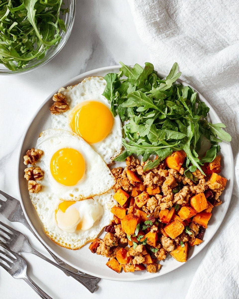 A white plate on a white marbled surface holds a breakfast dish with three main parts: two fried eggs with bright yellow yolks and white edges, placed on the left side with a few small nut pieces on top; fresh green arugula leaves are in the middle of the plate, adding a fresh touch; and a mix of orange diced sweet potatoes and light brown cooked ground meat fills the right side, with a coarse texture showing the small chunks and bits of meat. A silver fork and a white cloth are visible at the top right corner, and a glass bowl with more green arugula sits below. Photo taken with an iphone --ar 4:5 --v 7