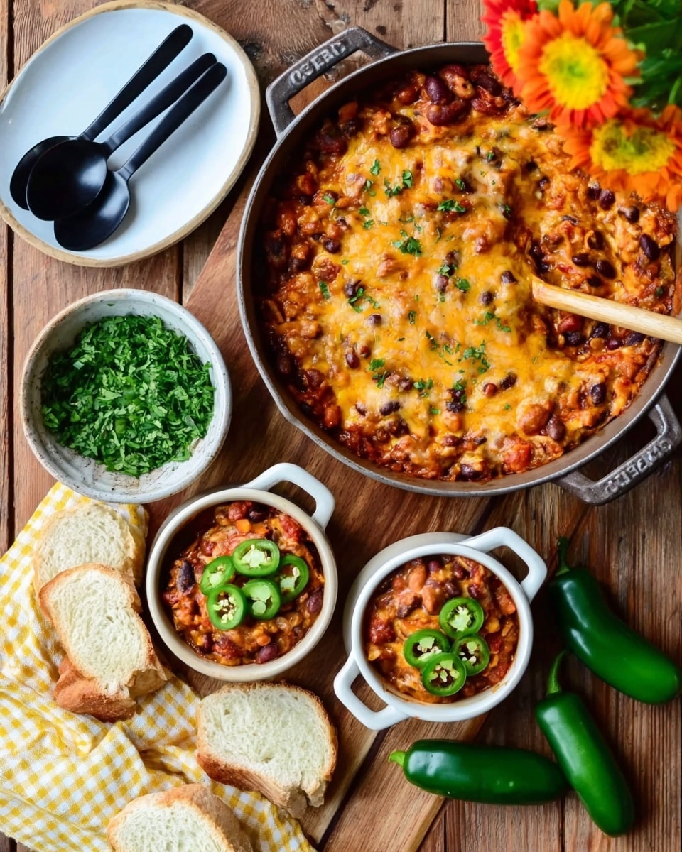 A large round pan filled with a thick layer of baked cheesy chili with melted golden brown cheese and visible black beans and bits of tomato, positioned on a wooden surface. In front of it, two small white ceramic bowls with two handles each hold a single scoop of chili topped with chopped green herbs and thin slices of fresh green jalapeño peppers. To the left, there is a small white bowl filled with finely chopped green herbs next to two black spoons resting on a yellow and white checkered cloth napkin. Below the bowls, two slices of light bread sit on the wooden surface. To the right, three whole green jalapeño peppers lay on the white marbled background and bright orange and yellow flowers add a splash of color from the top right. photo taken with an iphone --ar 4:5 --v 7