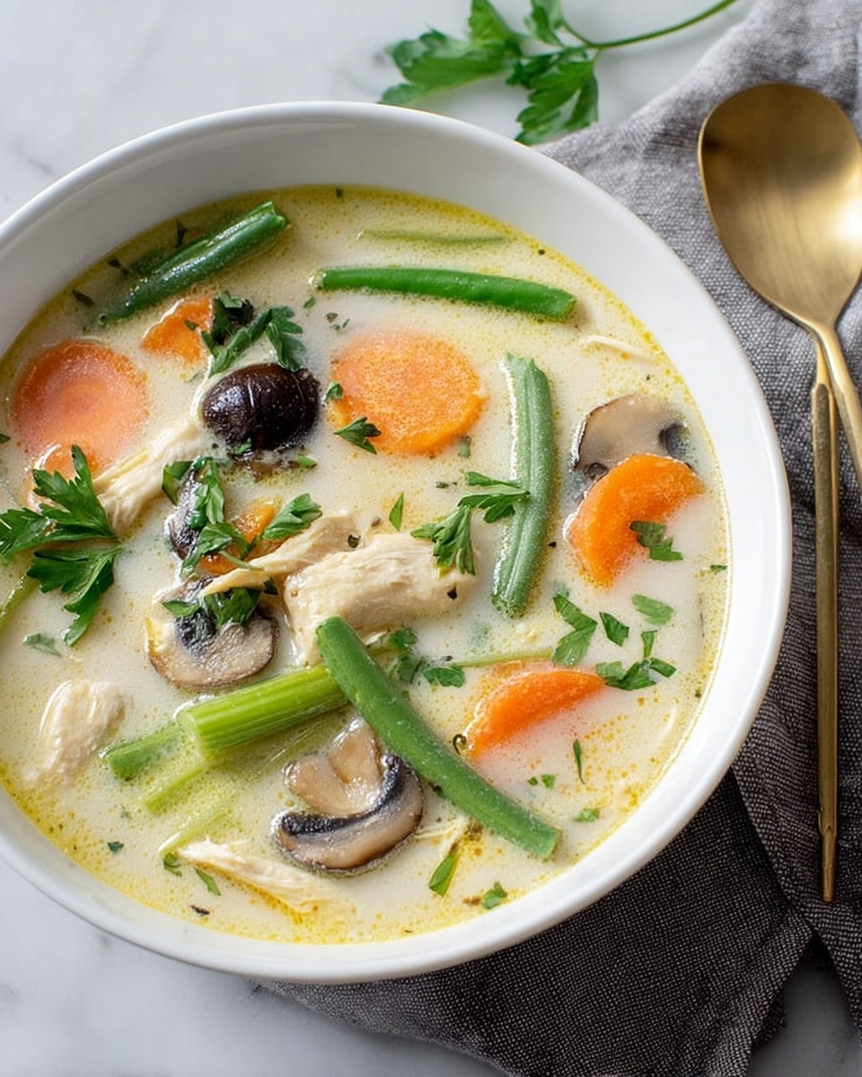 A white bowl filled with creamy soup showing a pale yellow broth, with visible layers of light orange carrot slices, green beans, pale beige chicken pieces, dark brown mushroom slices, and small green parsley leaves scattered on top. The bowl sits on a white marbled surface next to a gold spoon resting on a gray cloth napkin, with extra fresh green parsley leaves nearby. The soup layers create a colorful and fresh look, with vegetables and herbs floating evenly in the light broth. photo taken with an iphone --ar 4:5 --v 7