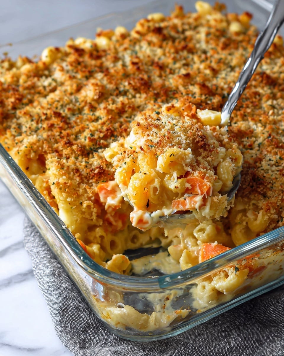 A clear glass square baking dish filled with a creamy macaroni casserole with three visible layers: a base layer of soft, pale yellow elbow macaroni, a middle layer with bits of orange carrots mixed in the macaroni and white cheese sauce, and a top layer covered with a golden brown, crunchy breadcrumb crust scattered evenly over the surface. A silver spoon is lifting a portion of the casserole, showing the mix of macaroni, melted cheese, and carrots under the crunchy topping. The dish sits on a gray cloth on a white marbled surface. Photo taken with an iphone --ar 4:5 --v 7