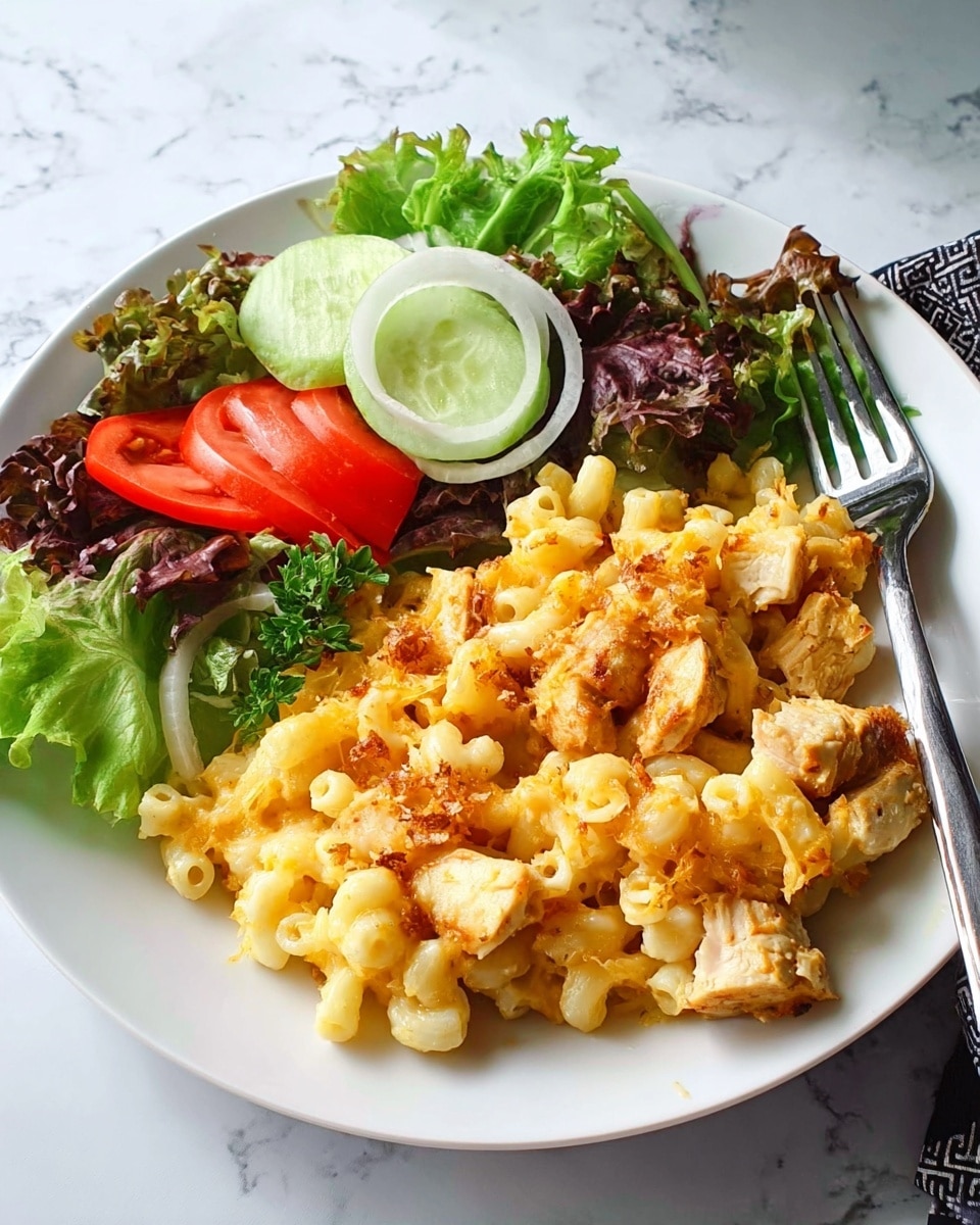The dish is served on a white plate placed on a white marbled surface, featuring two main sections. On one side, there is a pile of cooked macaroni pasta mixed with small, light brown pieces of chicken and melted yellow cheese that looks creamy and slightly browned in spots. On the other side, a fresh salad with layers of green and dark red leafy lettuce, bright red bell pepper slices, circular slices of pale green cucumber, and a ring of white onion adds a fresh contrast. A silver fork rests on the right edge of the plate, partially over the macaroni. photo taken with an iphone --ar 4:5 --v 7