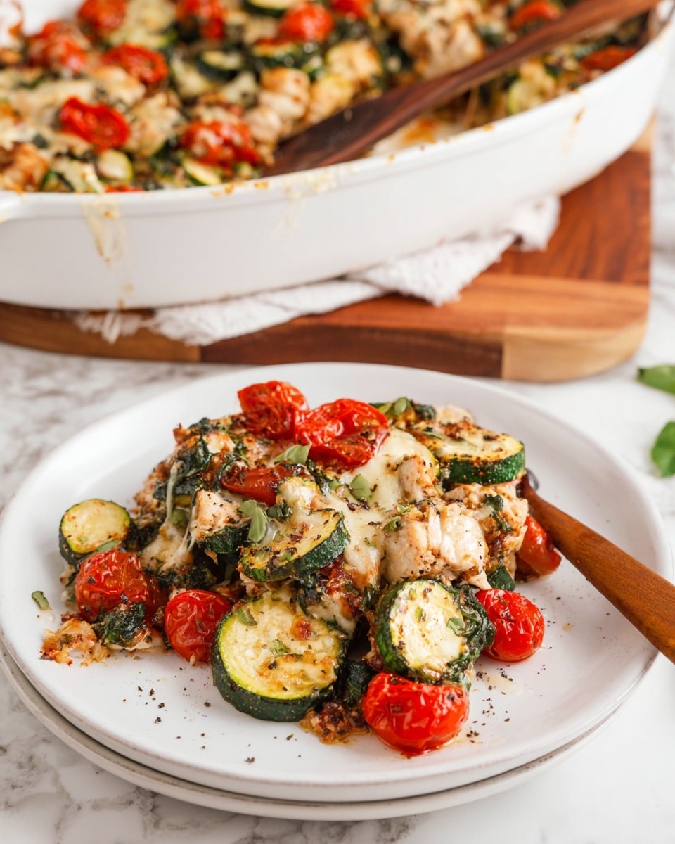 The dish has three main layers placed on a white plate. The bottom layer is cooked chicken pieces with a light brown texture, placed unevenly. The middle layer has slices of green zucchini with soft, slightly browned edges arranged around the chicken and some bright red cherry tomatoes scattered on top. The top layer is melted cheese with a light golden color and some browned spots, covering the chicken, zucchini, and tomatoes. Small green herb pieces are sprinkled across the dish for garnish. The plate rests on a white marbled surface, and a silver fork is placed on the plate to the left side of the food, partially touching the chicken and zucchini photo taken with an iphone --ar 4:5 --v 7