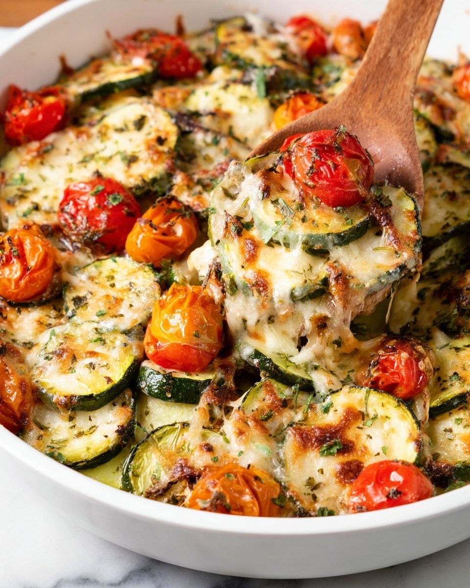 The dish shows a white plate stacked on top of two other white plates filled with a colorful vegetable bake. On the plate, there are three main layers: the bottom layer has chunky pieces of white meat mixed with cooked spinach and herbs, the middle layer is made up of lightly browned, sliced light green zucchini rounds and bright red roasted cherry tomatoes, and the top layer is melted, slightly browned cheese scattered unevenly over the vegetables and meat. The edges of the plate show some black pepper and green garnish sprinkled on top. In the background, there is a large white serving dish filled with the same vegetable bake and a large wooden spoon resting inside it on a white marbled surface. Photo taken with an iphone --ar 4:5 --v 7