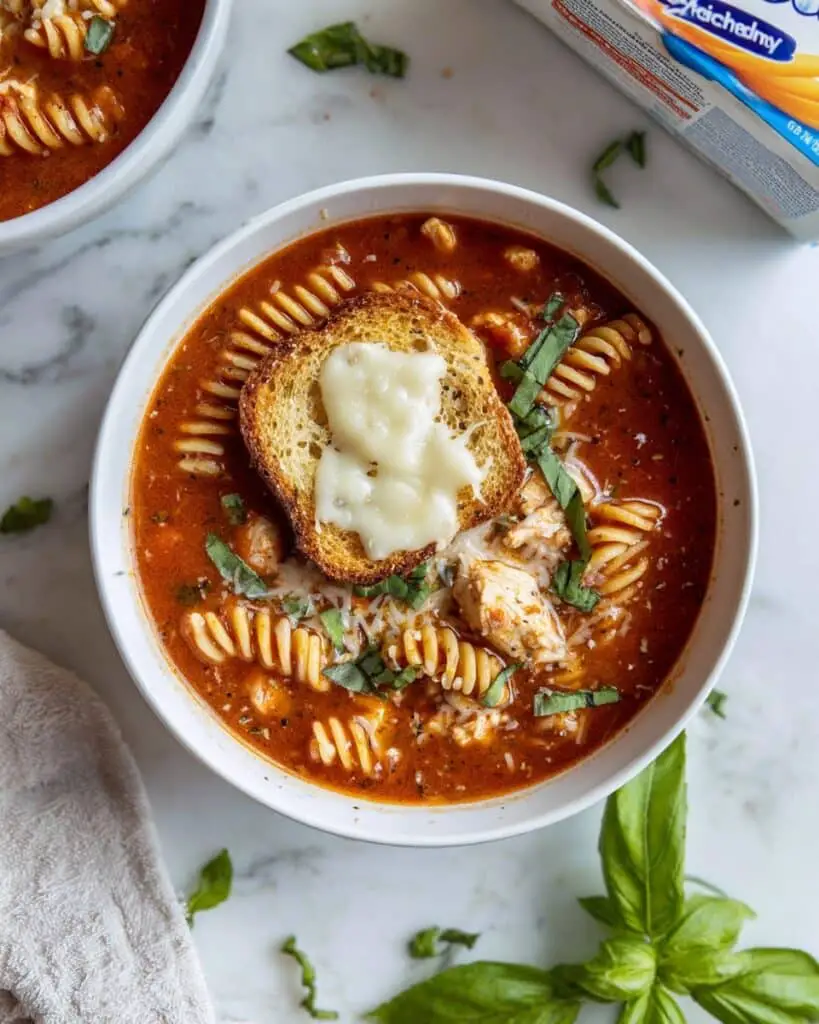 Chicken Parmesan Soup with Mozzarella Croutons Recipe