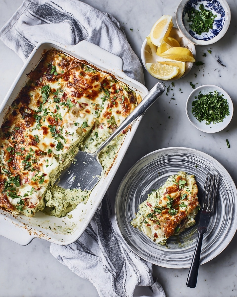 A white baking dish holds a baked casserole with three visible layers: a green creamy base with herbs, a middle layer mostly hidden but with bits of red, and a top layer of melted golden-brown cheese sprinkled with chopped green herbs. A metal spatula lies partially inside the dish on the right side. A white plate with grey swirls sits to the right with a rectangular piece of casserole showing the same layers and topped with green herbs. A black fork rests on the plate. Above these, a small white plate holds two lemon wedges, and next to it, a smaller white bowl with a blue design contains chopped green herbs. A striped cloth napkin is under the baking dish, all set on a white marbled surface. Photo taken with an iphone --ar 4:5 --v 7