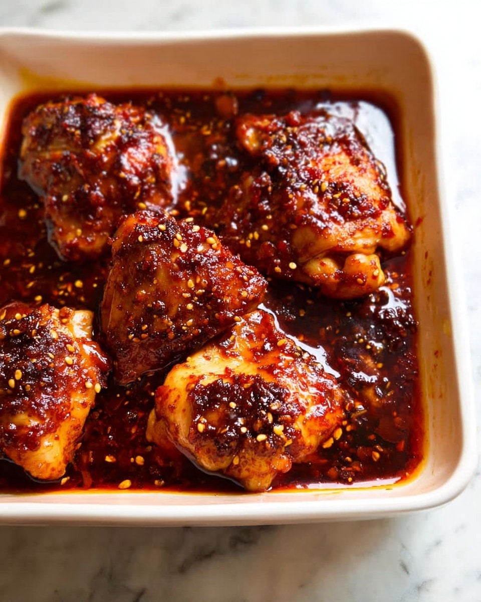 The image shows a white rectangular dish filled with pieces of cooked chicken thighs covered in a thick, dark red sauce with visible mustard seeds and small charred spots. The chicken pieces are placed in the dish with the sauce pooled around them, giving a glossy and rich look. The surface around the dish is a white marbled texture. photo taken with an iphone --ar 4:5 --v 7
