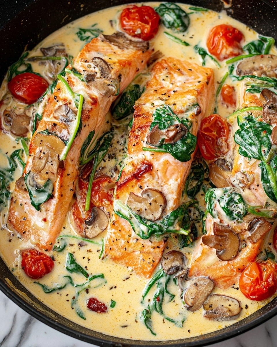 The dish shows three salmon fillets with a pink-orange color, layered with creamy light beige sauce that has a smooth texture. On top of the fillets, there are dark green spinach leaves and small pieces of brown mushrooms. Around the salmon are whole bright red cherry tomatoes partially covered by sauce. The fillets and sauce fill a black pan sitting on a white marbled texture. The sauce has visible herbs and spices that add small dark flecks in the creamy layer. Photo taken with an iphone --ar 4:5 --v 7