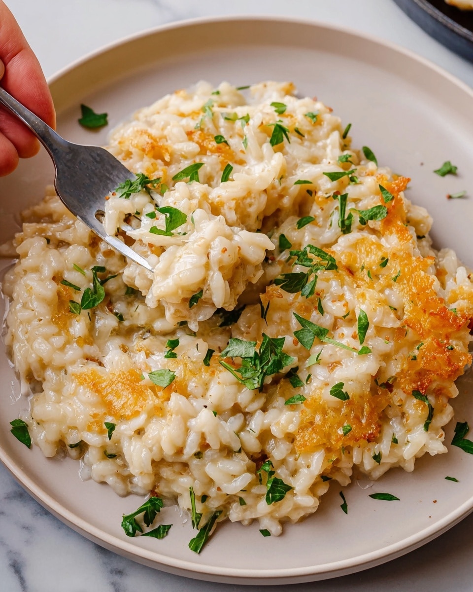 A close-up of a creamy risotto dish served on a white plate, showing three main layers: the soft, light beige rice with a slightly sticky texture spread mostly evenly; patches of golden-brown crispy cheese melted into the rice, adding a crunchy layer; and small green parsley leaves scattered on top for freshness and color contrast. A silver fork held by a woman's hand is lifting a portion of the risotto, capturing the gooey, creamy rice grains that stick together. The plate sits on a white marbled surface that adds a clean and bright background to the warm tones of the food photo taken with an iphone --ar 4:5 --v 7
