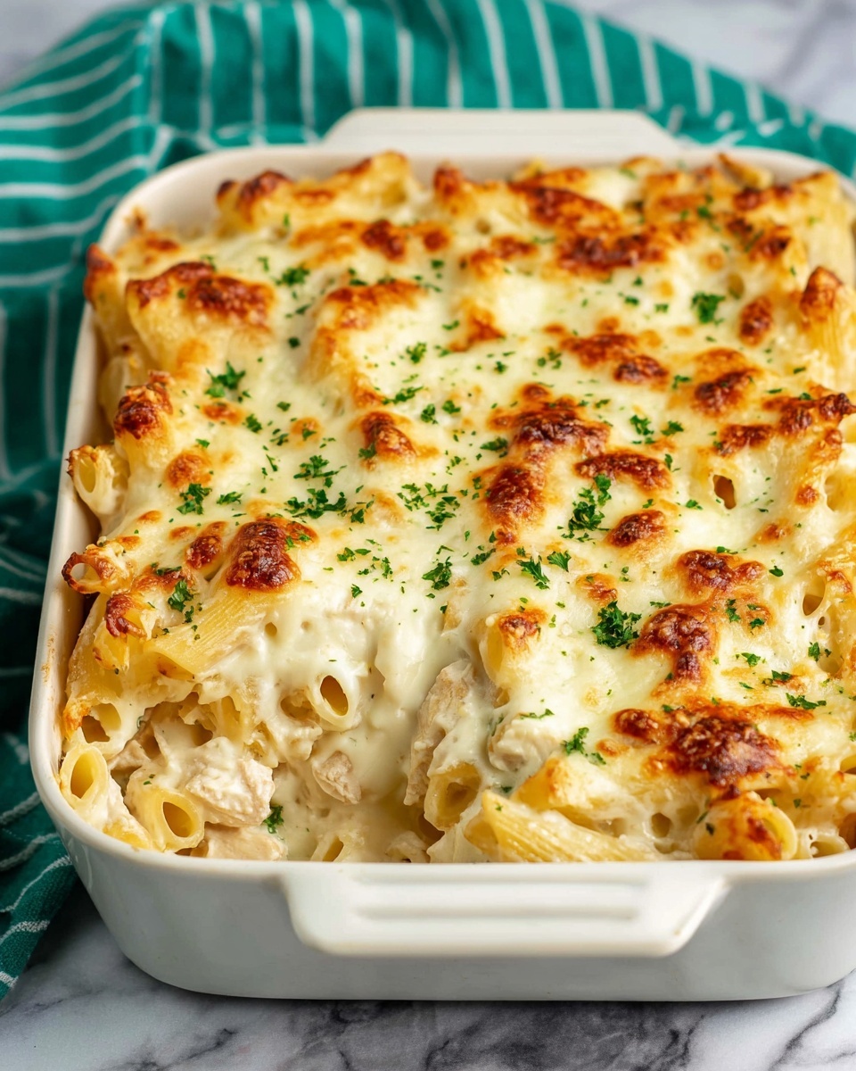 A white casserole dish filled with baked pasta, showing two visible layers: the bottom layer has golden baked pasta pieces mixed with small chunks of light-colored chicken, and the top layer is a thick, creamy white cheese sauce with browned spots and a slightly bubbly texture. The cheese sauce covers the pasta fully, sprinkled with small green parsley flakes for color contrast. The dish sits on a white marbled surface with a green and white striped cloth partially visible in the background. Photo taken with an iphone --ar 4:5 --v 7