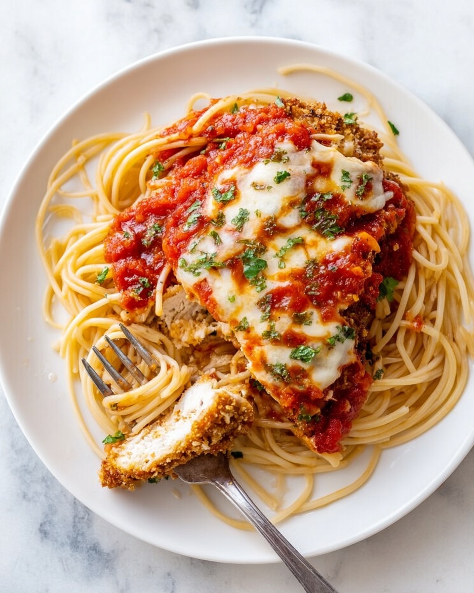 A white plate with a bed of plain cooked spaghetti noodles forming the bottom layer, topped with a crispy browned cutlet covered with red tomato sauce and melted white cheese. Pieces of the cutlet show a white cooked inside texture. The tomato sauce is chunky and spread over the cutlet and noodles. Green chopped herbs are sprinkled on top. A metal fork holds a bite-sized piece of the cutlet on the left side of the plate, resting on top of the noodles. The plate is placed on a white marbled surface. Photo taken with an iphone --ar 4:5 --v 7