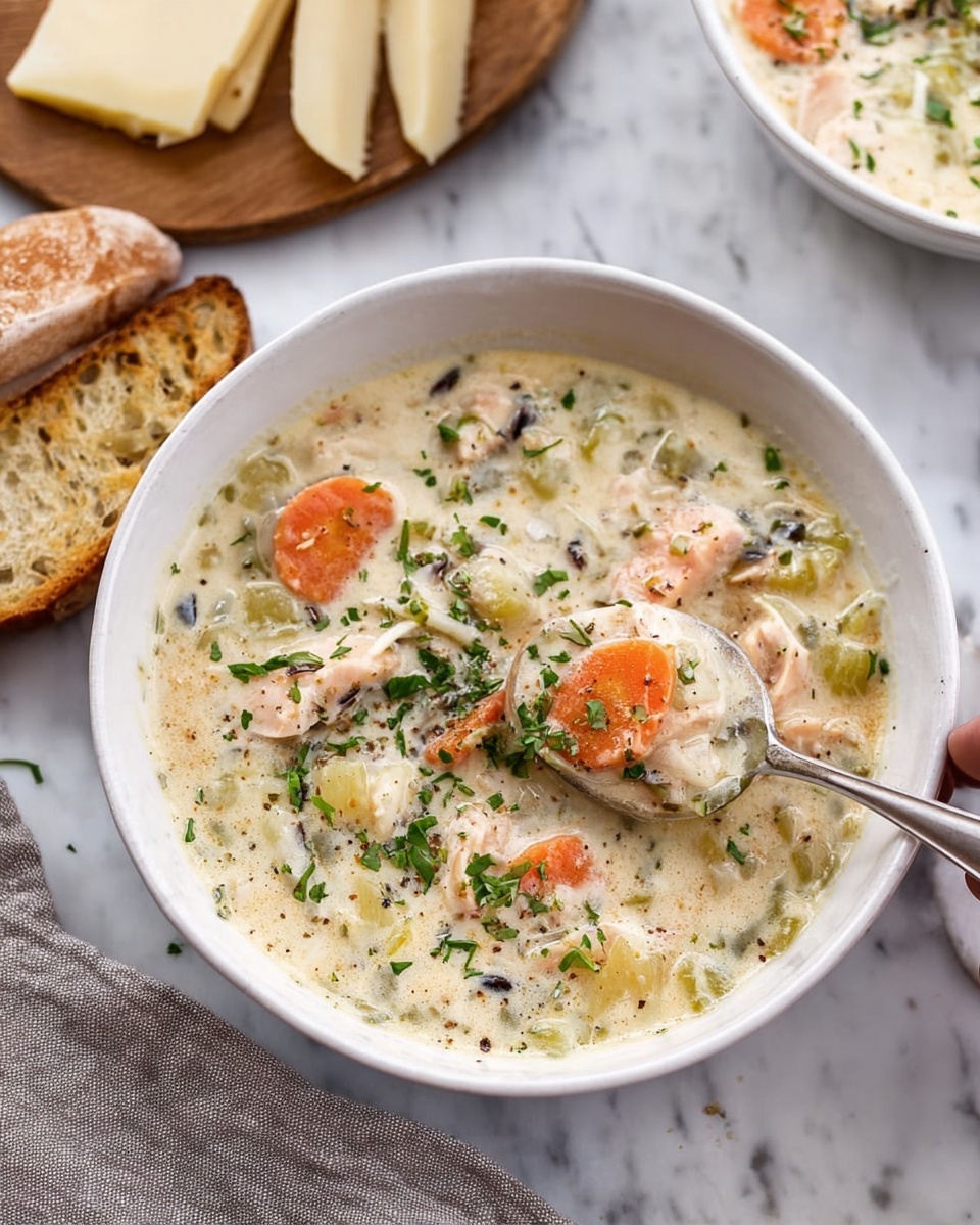 A white bowl filled with thick creamy soup showing slices of orange carrots, light green celery, bits of white chicken, and small dark grains, all mixed with chopped green herbs on top. A silver spoon is lifting some soup inside the bowl. There is a piece of toasted bread with a light brown color and a wooden board with slices of pale yellow cheese on the white marbled surface next to the bowl. Another white bowl with the same soup is partly visible in the top right corner, and a grey cloth napkin is placed near the bowl. photo taken with an iphone --ar 4:5 --v 7