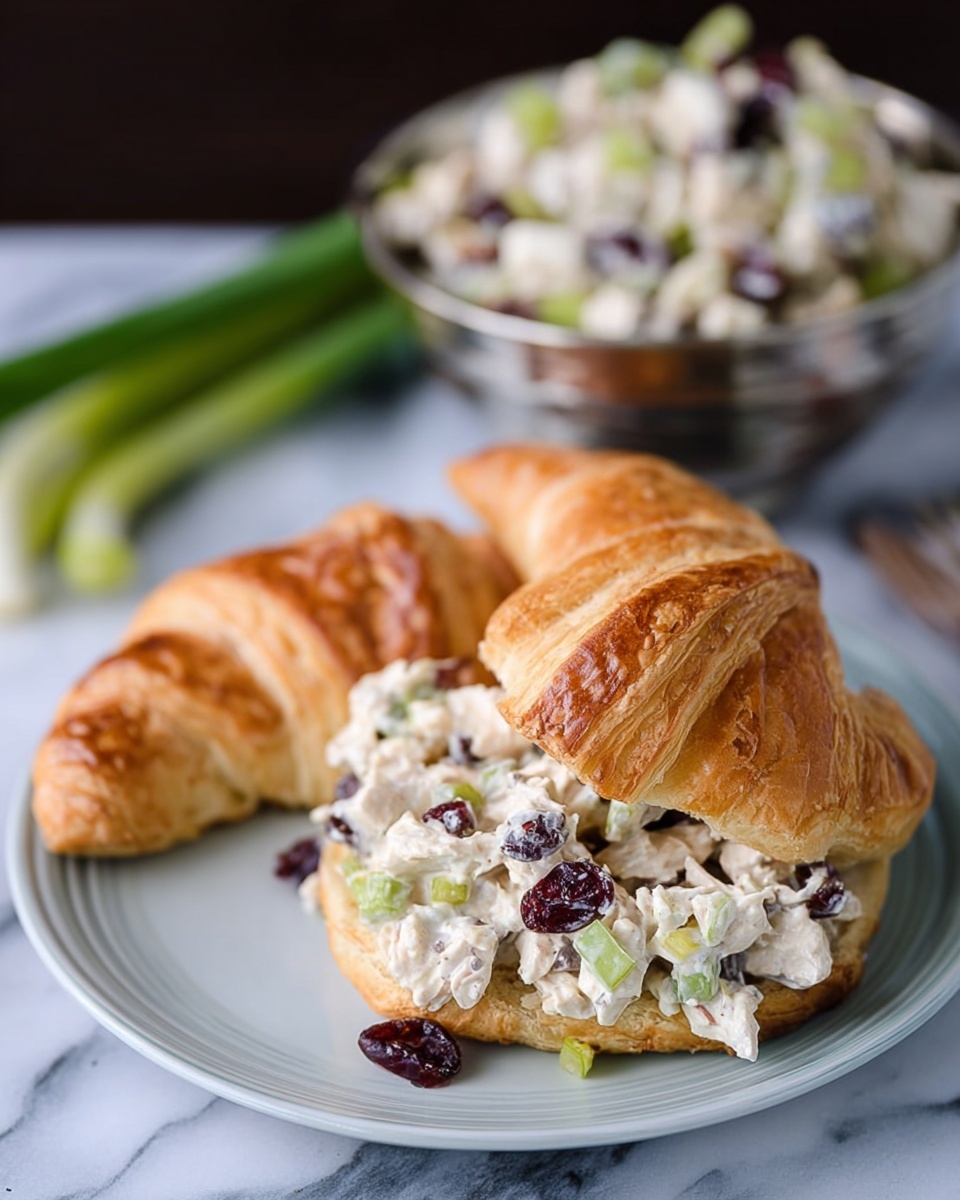 A soft, golden croissant is open and filled with a creamy white chicken salad mixed with pale green celery pieces and dark red dried cranberries, placed on a smooth, white plate with another whole croissant behind it. In the background, there is a silver bowl filled with more of the chicken salad and a few fresh green onion stalks on a white marbled surface. The croissants have a shiny and flaky texture with a light brown color, contrasting with the creamy and colorful filling inside photo taken with an iphone --ar 4:5 --v 7