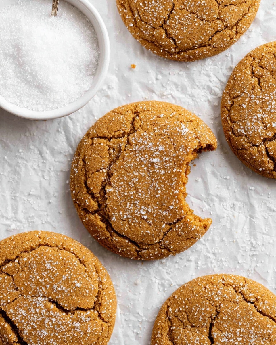 The image shows five round ginger cookies with a cracked texture and slightly rough surface, sprinkled lightly with sugar crystals on top. One cookie is in the center and has a bite taken out of it, showing a soft inside. The cookies are on a white marbled surface covered with a sheet of parchment paper. A small white bowl filled with granulated sugar is placed near the top left of the image. The overall color is warm brown with sparkling sugar highlights, giving a fresh baked look. photo taken with an iphone --ar 4:5 --v 7