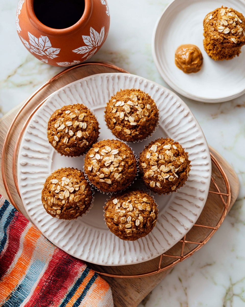 Seven brown muffins with oat flakes on top are arranged close together on a white plate with a raised dotted and ridged edge, centered in the image. The plate sits on a light wooden board which is placed on a copper wire rack over a white marbled surface. In the top right corner, there is a white plate holding two broken pieces of another muffin and a small dollop of light brown spread. Near this, a terracotta-colored cup with white leaf patterns is partially visible, filled with a dark liquid. A striped cloth in red, blue, orange, and beige lies in the bottom left corner. photo taken with an iphone --ar 4:5 --v 7