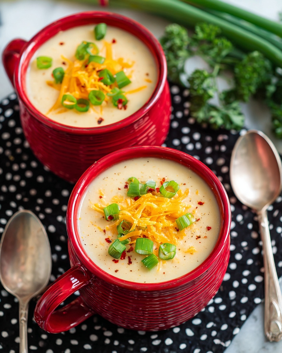 A close-up image of a red ceramic mug filled with thick creamy soup that has a light beige color. The soup is topped with a small pile of shredded yellow cheese and sliced green onions scattered on top, with some red pepper flakes sprinkled around. The mug is placed on a white marbled surface with a woman's hand holding the mug handle from the right side. The photo has warm lighting with a blurred dark background. photo taken with an iphone --ar 4:5 --v 7