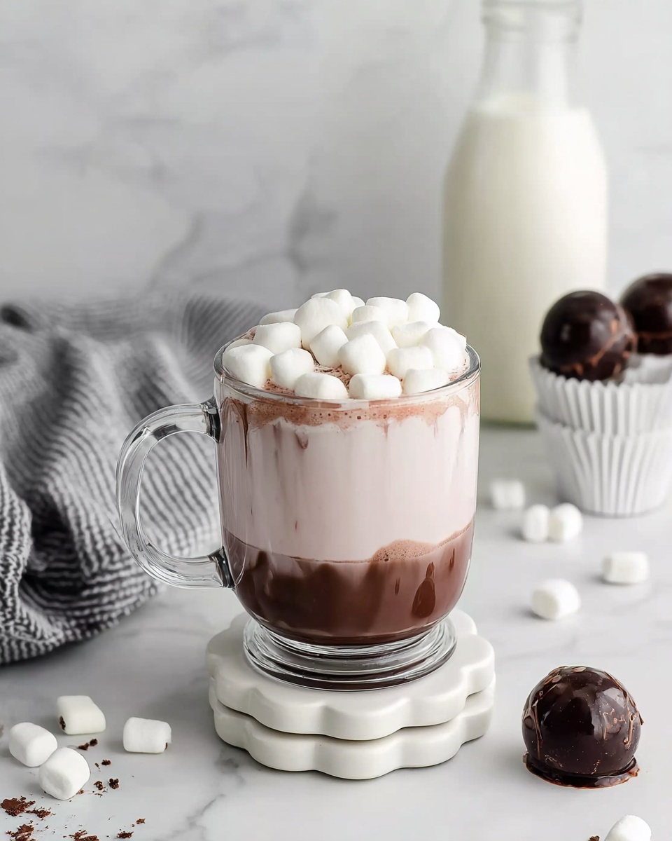 A round chocolate ball sits in a white paper cup on a white scalloped plate. The chocolate ball has an even, smooth dark brown surface with dark brown chocolate drizzle lines and chocolate sprinkles on top. The background is a white marbled surface scattered with small white marshmallows and pieces of dark chocolate. In the upper left corner, there is a portion of a white cup filled with milk. A black and white striped cloth is partially visible in the lower left corner. The photo is taken with an iphone --ar 4:5 --v 7