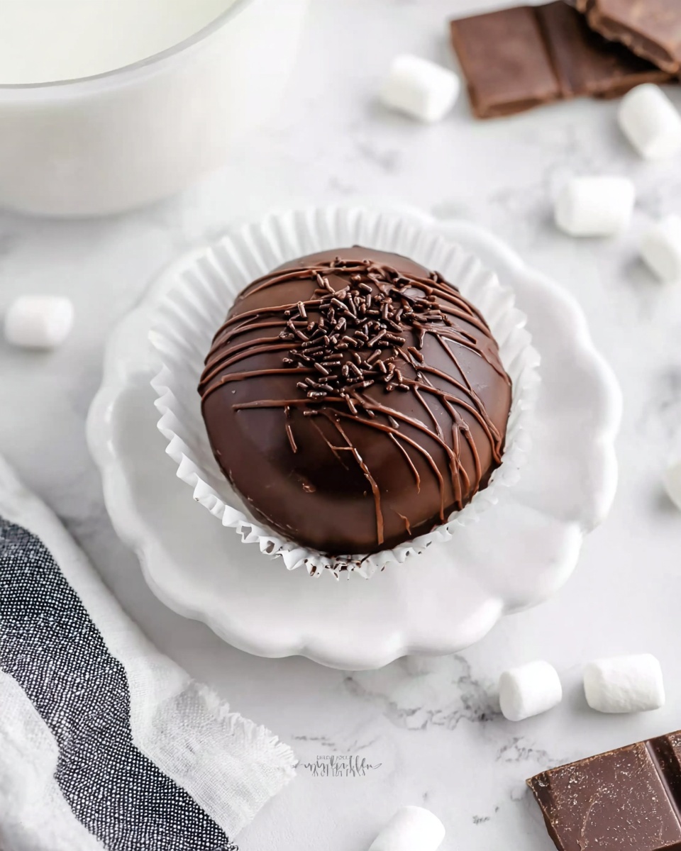 A clear glass mug filled with three visible layers: a thick dark brown chocolate layer at the bottom, a creamy light pink milk layer in the middle, and a generous top layer of small white marshmallows. The drink looks slightly mixed where the layers meet, creating a soft swirl effect. The mug sits on two stacked white coasters shaped like flowers, placed on a white marbled surface. Around it, small white marshmallows and dark chocolate chunks are scattered. In the background, there is a glass bottle of milk and two white paper cups each holding a round dark chocolate ball. A gray and white striped cloth is draped to the left of the mug. Photo taken with an iphone --ar 4:5 --v 7