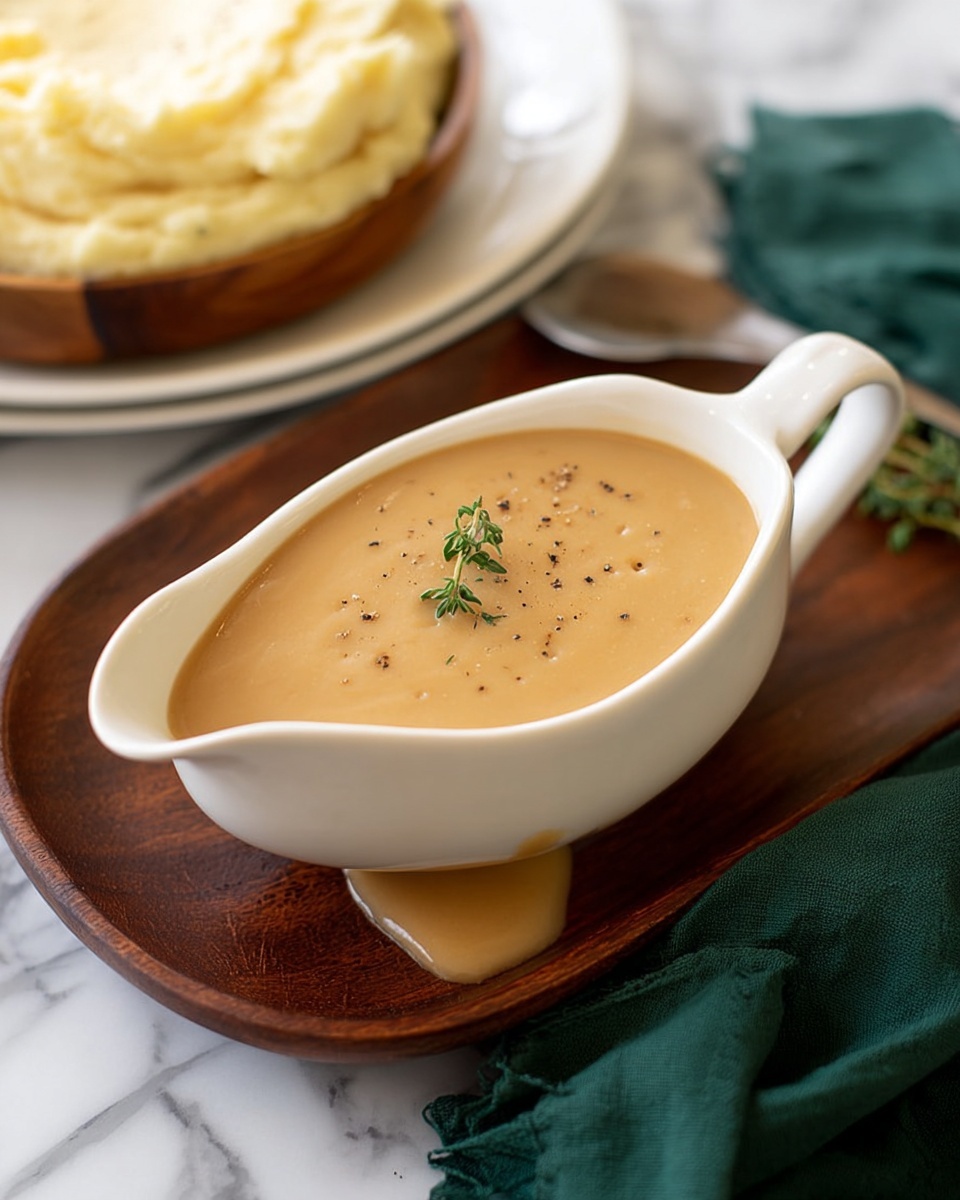 A white gravy boat filled with smooth, light brown gravy topped with a small sprig of fresh green thyme and a sprinkle of black pepper sits on a dark wooden tray. Some gravy is slightly spilled on the right side of the gravy boat. The tray rests on a white marbled surface with a dark green cloth partially draped below the gravy boat. In the background, a shallow wooden bowl on a white plate holds a large, creamy mound of mashed potatoes with a soft, slightly textured surface. Photo taken with an iphone --ar 4:5 --v 7