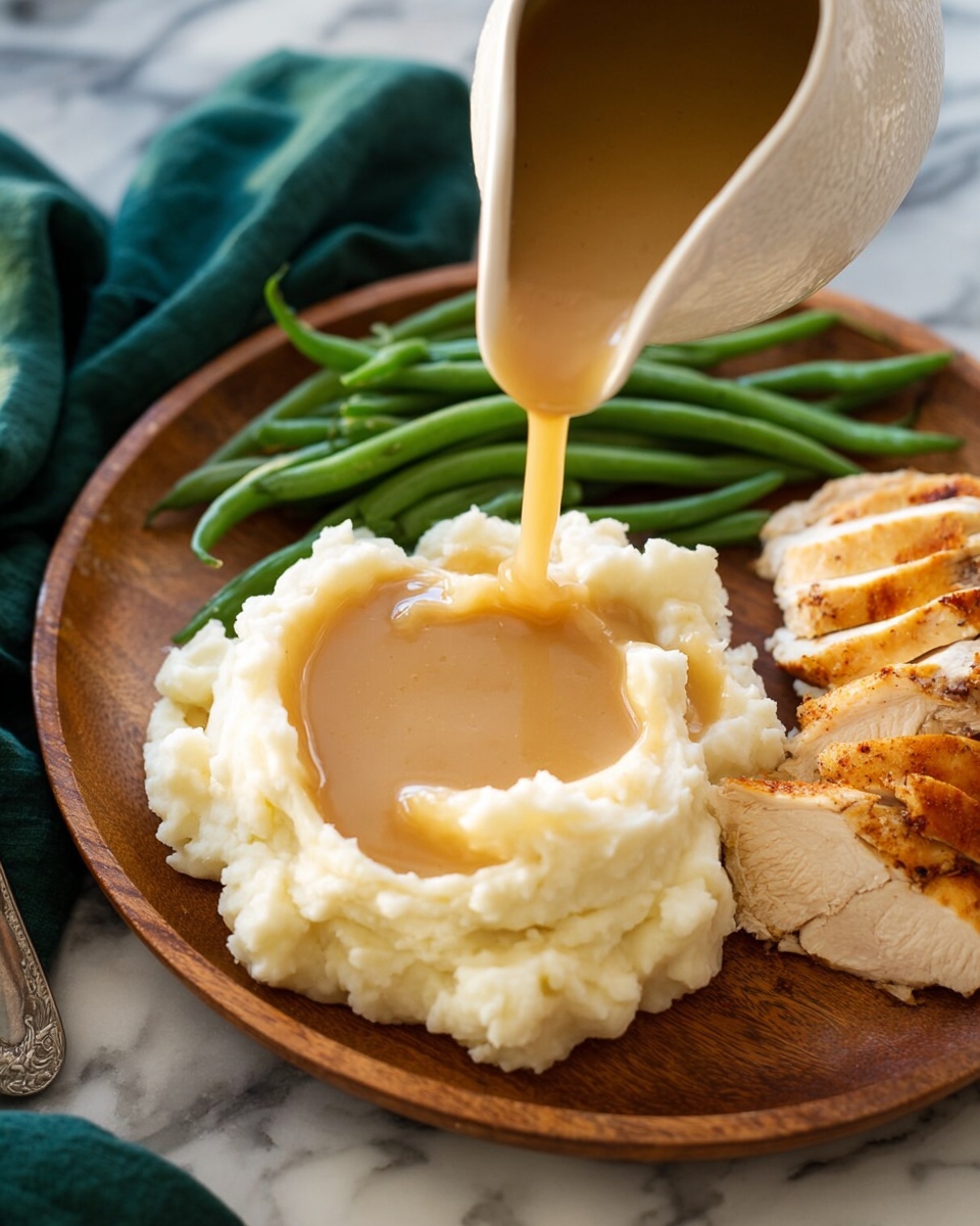 A wooden plate holds a meal with three main parts: smooth white mashed potatoes in the center with a well in the middle where light brown gravy is being poured from a white jug, bright green cooked green beans placed at the back, and golden brown sliced chicken with a slightly crispy texture on the right side. The plate sits on a white marbled surface with a dark green cloth napkin partly visible on the left. Photo taken with an iphone --ar 4:5 --v 7
