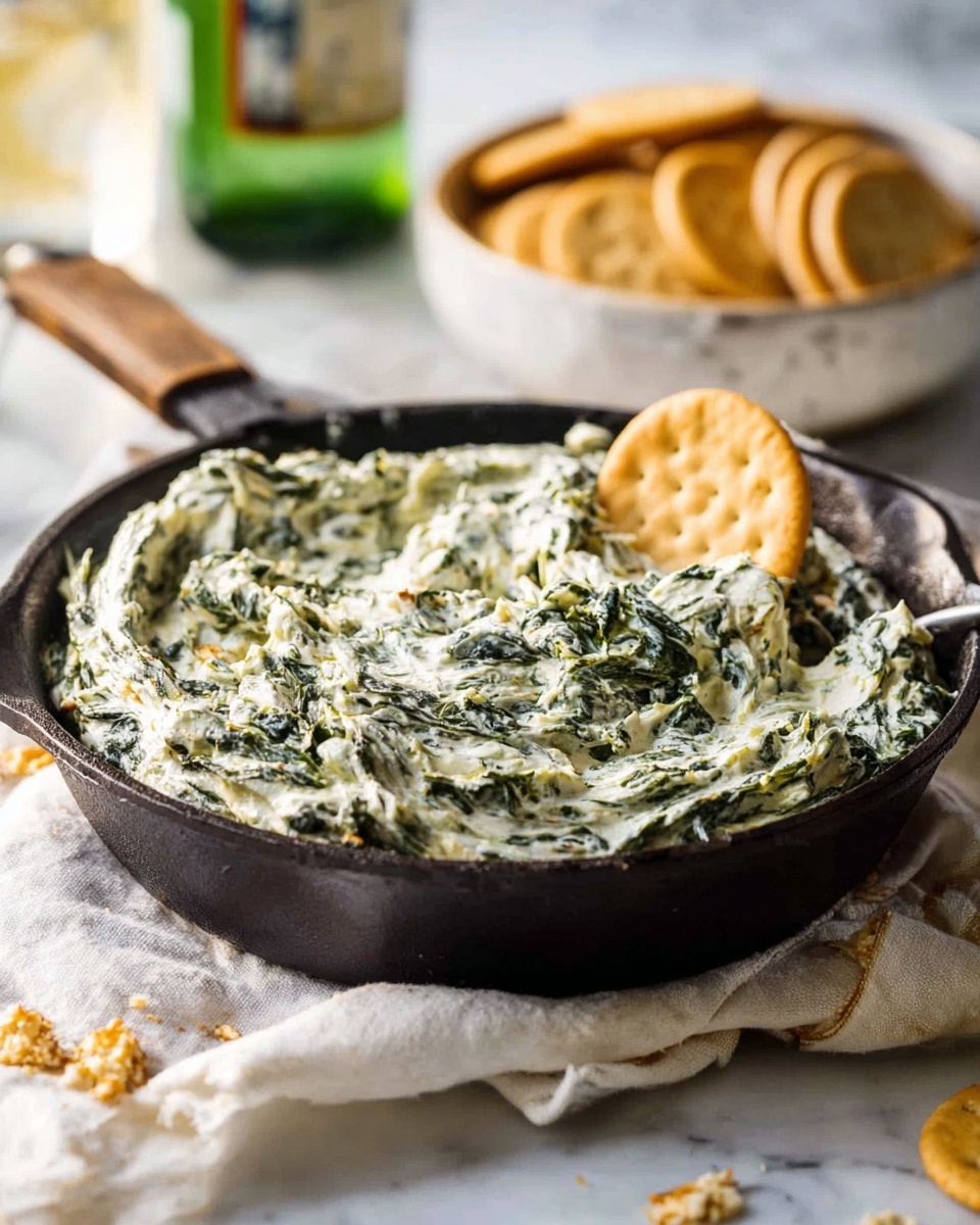A black skillet filled with creamy spinach dip that has a mixed texture of soft white cheese and visible green spinach leaves. A round, light brown cracker is partially dipped into the dip, resting on the right side of the skillet. The skillet sits on a white cloth, placed on a white marbled surface, with a few broken cracker pieces scattered around. In the background, a partially visible white bowl filled with round crackers and a green bottle are softly blurred. photo taken with an iphone --ar 4:5 --v 7