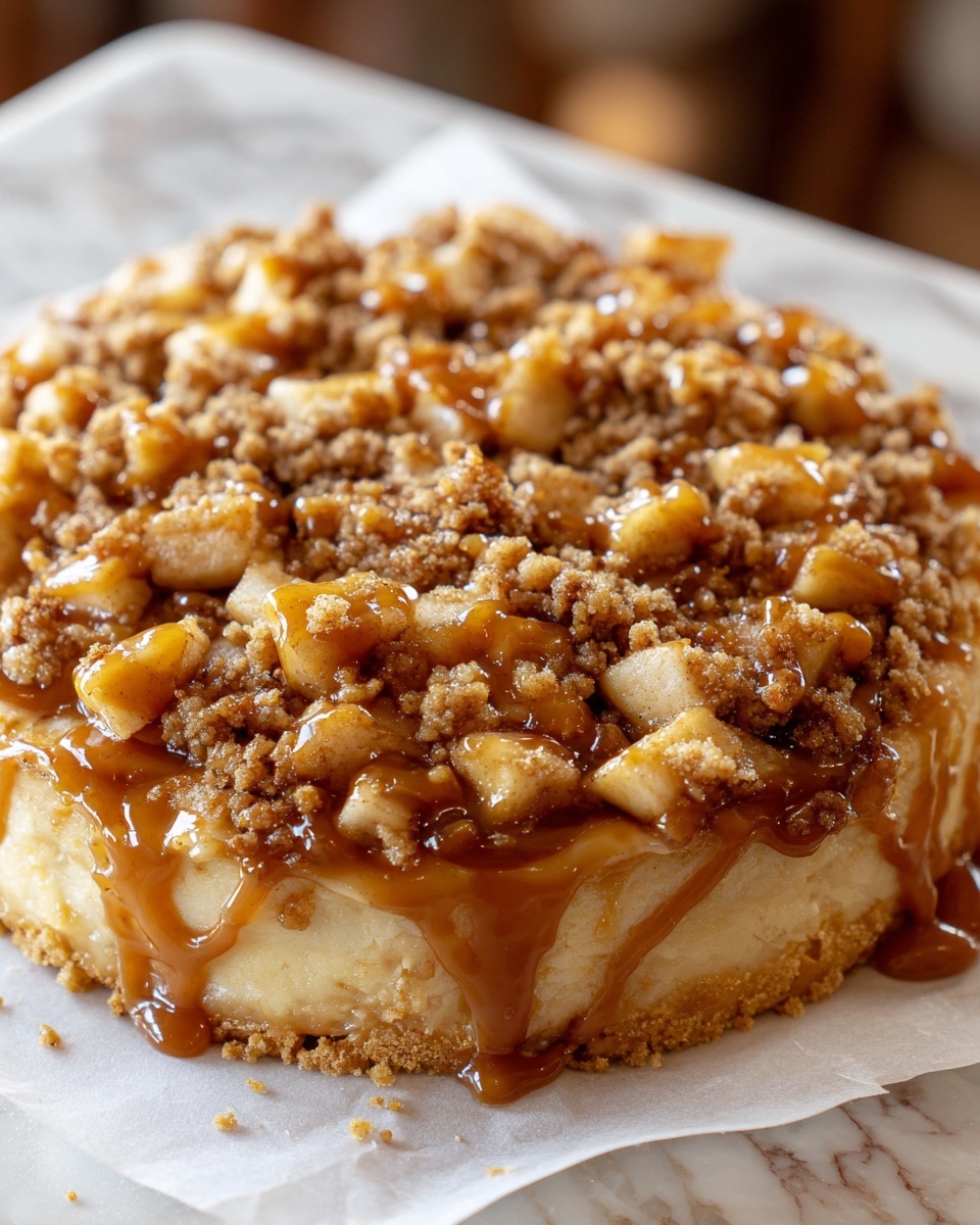 A close-up view of a round apple dessert with two visible layers; the bottom layer is a light golden crust with a soft and crumbly texture, and the top layer is covered with small pieces of cooked apple and a generous sprinkle of brown crumbly streusel. The dessert is drizzled with thick caramel sauce, adding a shiny, rich, amber color on top. The dessert rests on white parchment paper placed on a white marbled surface, showing a warm and cozy atmosphere. photo taken with an iphone --ar 4:5 --v 7