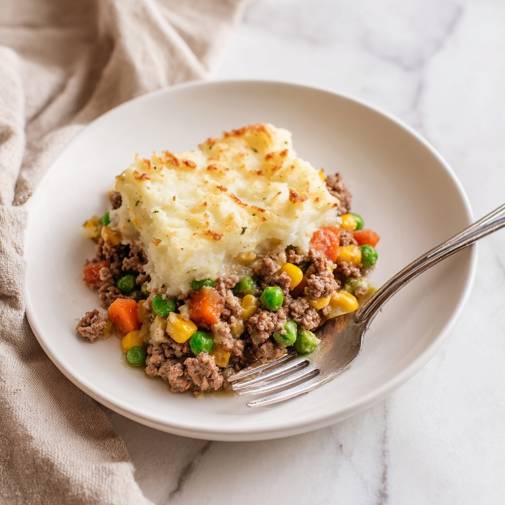 The image shows a white rectangular baking dish placed on a white marbled surface. Inside, there is a casserole with two visible layers: the bottom layer appears to be a mix of cooked ingredients in light brown shades, possibly meat and vegetables, while the top layer is a thick, uneven spread of mashed potatoes in creamy pale yellow with golden-brown spots indicating a baked surface. The edges of the potato layer are slightly browned and crisp. The casserole dish has handles on both sides and the photo is taken with an iphone --ar 4:5 --v 7