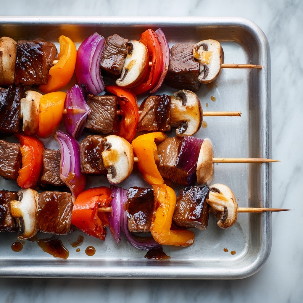The image shows six wooden skewers laid out on a metal tray with a slightly worn look. Each skewer has alternating layers of grilled beef chunks, brown mushrooms, orange bell pepper slices, and pieces of red onion. The beef pieces are dark brown with a slight char, while the mushrooms show a soft, tender texture with browned edges. The orange bell peppers add bright color contrast, and the red onions provide a purple hue that brightens the overall look. Small spots of sauce or juices are scattered around the tray, adding a bit of shine and texture to the scene. The background is a white marbled surface. photo taken with an iphone --ar 4:5 --v 7