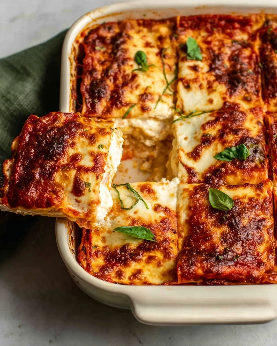 A white rectangular ceramic dish holds a lasagna with four visible layers, each layer alternating between creamy white cheese and rich red tomato sauce with a slightly charred and bubbly golden-brown cheese crust on top. Small green basil leaves are scattered on the surface, adding a touch of fresh color. The dish rests on a white marbled textured surface, and a woman’s hand is visible lifting a lasagna piece by the corner. Photo taken with an iphone --ar 4:5 --v 7