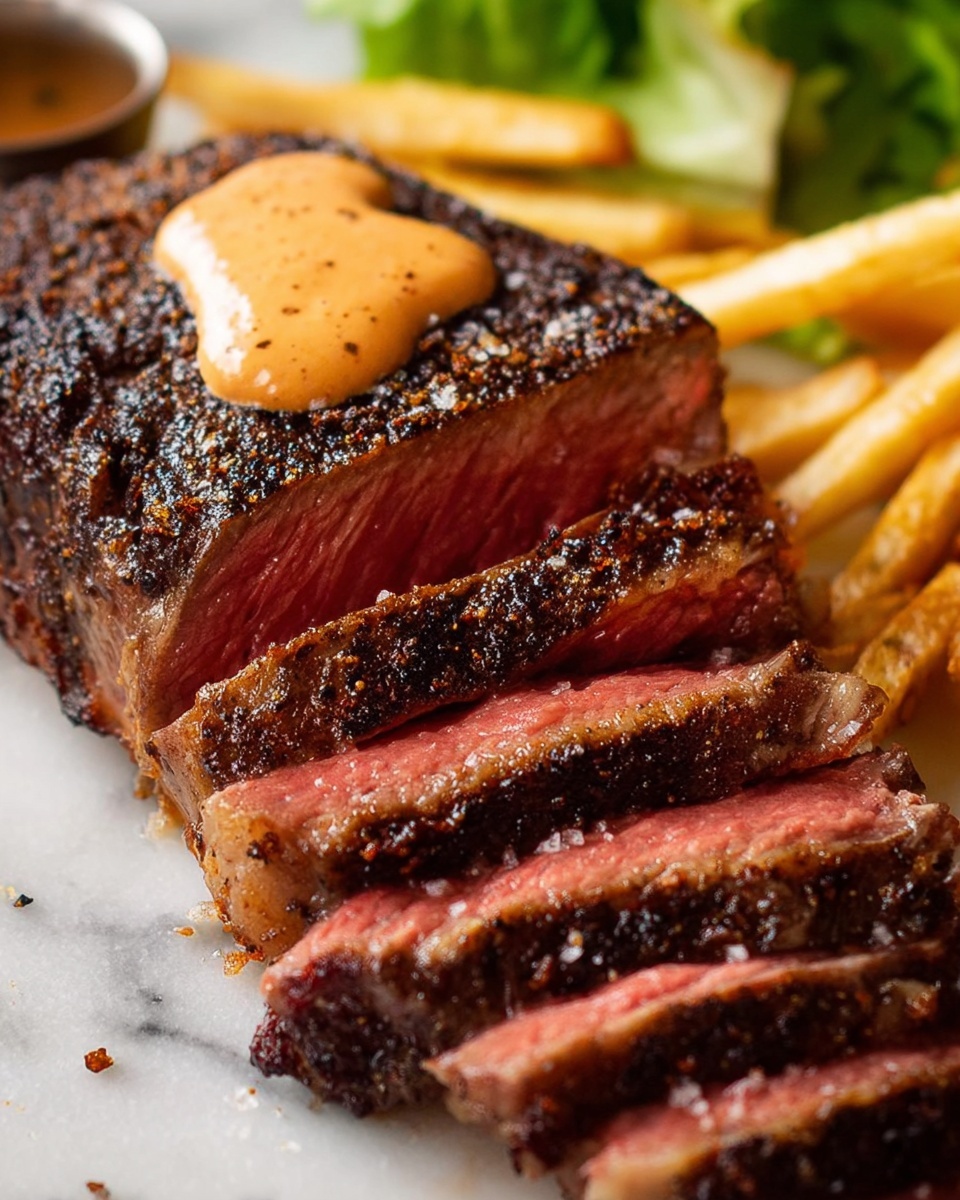 A thick piece of medium-rare steak with a reddish-pink inside and a dark brown seared crust is shown close up. The top of the steak is covered with a shiny dark orange sauce. A fork with four prongs is pressing down on the steak, while a knife is slicing into it from the left side. In the blurred background on the right, there are golden fries. The steak and fries rest on a white marbled surface. photo taken with an iphone --ar 4:5 --v 7