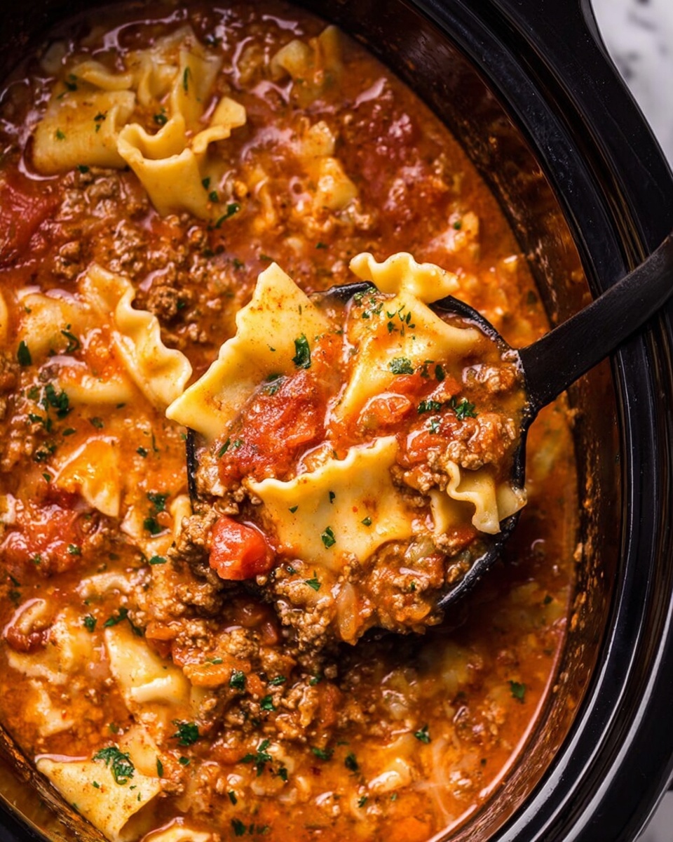 The image shows a close-up of a black crockpot filled with lasagna soup. The soup has multiple layers: wide, wavy-edged lasagna noodles with a soft, slightly translucent yellow color, cooked ground meat pieces with a light brown color, and chunks of red tomato. These layers are mixed together in a thick, orange-red tomato sauce that looks rich and slightly creamy. Small green parsley pieces are sprinkled on top, adding a touch of fresh color. A black spoon is scooping a portion of the soup, capturing noodles, meat, sauce, and tomatoes in one scoop. The background surface is a white marbled texture. Photo taken with an iphone --ar 4:5 --v 7