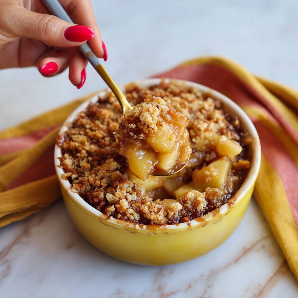 A close-up image shows a yellow bowl filled with a warm apple crumble dessert, placed on a white marbled surface with a yellow and orange striped cloth nearby. The dish has a top layer of golden brown oat crumble with visible oats and chunks of baked apples underneath, which are soft and slightly shiny, with a light golden color. In the front, a woman's hand with red painted nails holds a spoon with a scoop of the apple crumble, showing a mix of crumbly oat topping and caramelized apple pieces, the spoon has a gold head and gray handle. photo taken with an iphone --ar 4:5 --v 7