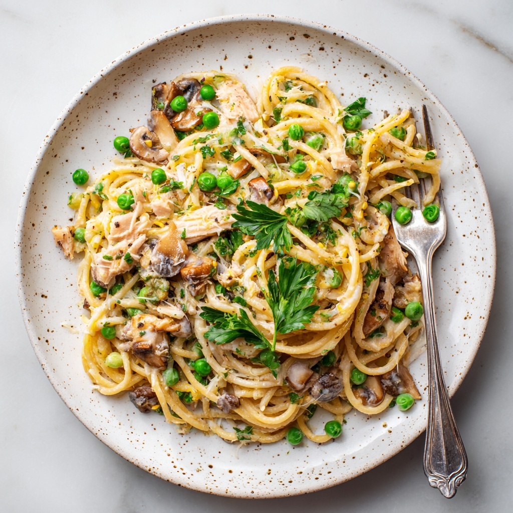 A white speckled plate holds a serving of thick noodles mixed with chunks of light beige chicken and dark brown mushroom slices. Small bright green peas and fresh green parsley leaves are scattered on top, creating a mix of textures and colors. The creamy sauce coats the noodles and ingredients, giving a soft and slightly shiny look. A fork rests on the edge of the plate with its tines inserted into the noodles. The plate is set on a white marbled surface. photo taken with an iphone --ar 4:5 --v 7