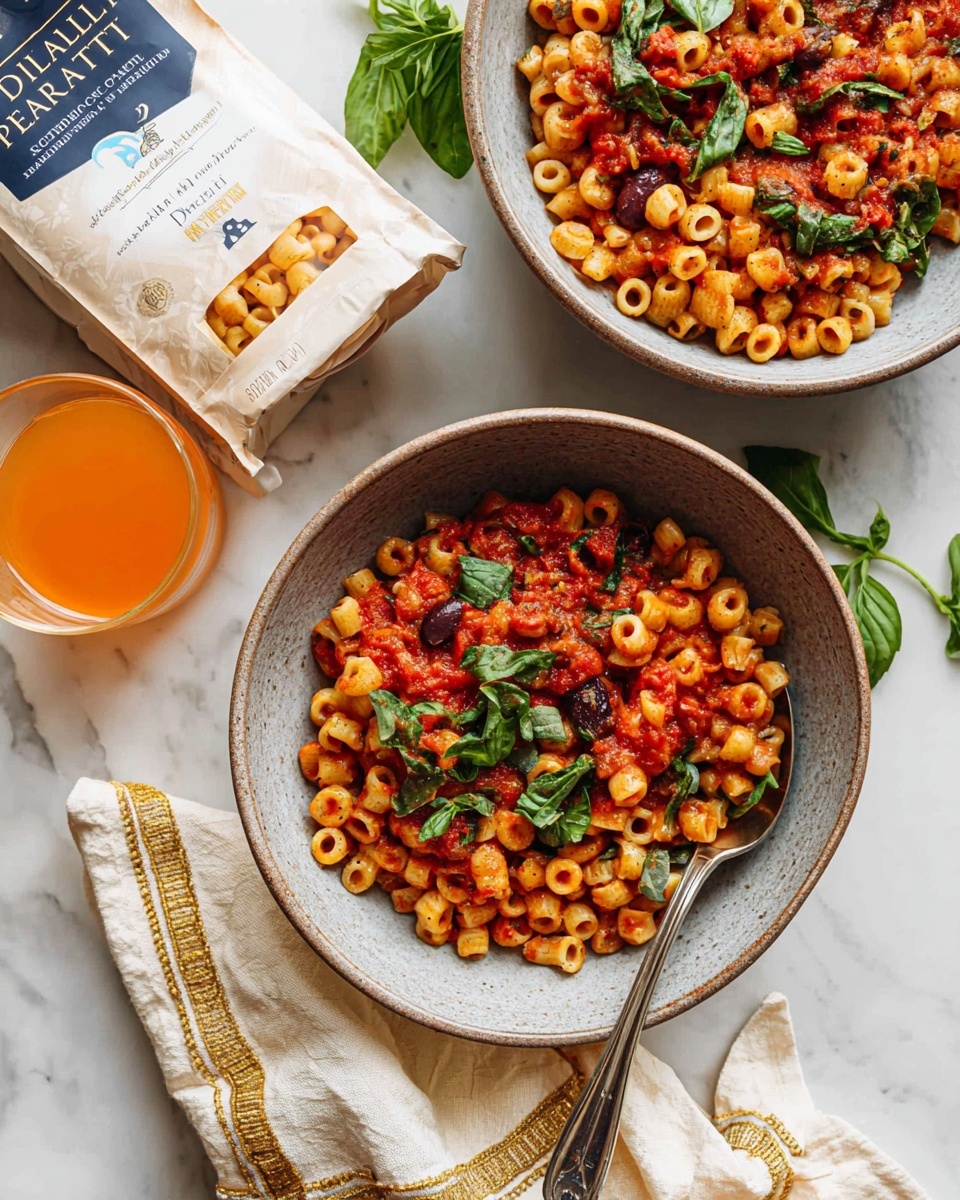 A white bowl filled with short tube-shaped pasta cooked in a bright red tomato sauce mixed with round chickpeas and small pieces of dark, sliced olives. Fresh green basil leaves are scattered on top, adding a fresh touch of color. A silver spoon rests on the right side inside the bowl. The bowl sits on a white marbled surface, with a glass of amber-colored drink placed to the upper left and a few basil leaves near the lower left corner. A cream-colored cloth with brown trim is seen at the lower right edge of the image. Photo taken with an iphone --ar 4:5 --v 7