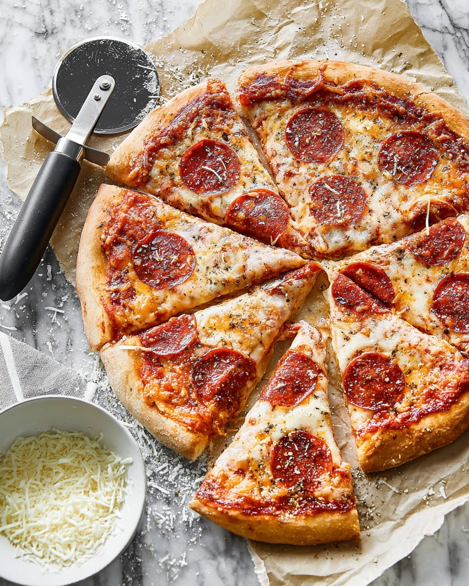 A large pizza with eight slices on a silver round tray, placed on a white marbled surface. The pizza has a thin crust with a golden brown edge. The first layer is bright red tomato sauce spread evenly under the toppings. The second layer is a thick cover of melted light yellow cheese with specks of toasted brown spots. Pepperoni slices, dark red with slightly curled edges, are spread on top of the cheese layer. Small bits of black pepper and herbs are sprinkled all over the pizza. To the left, there is a small white bowl filled with grated cheese, and a black pizza slicer with a shiny blade lies diagonally on the marbled surface photo taken with an iphone --ar 4:5 --v 7
