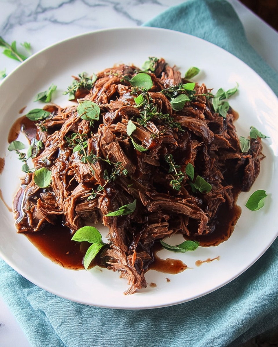 The image shows one layer of shredded brown cooked meat piled on a white plate with some dark brown sauce pooling around the edges. Bright green herb leaves are scattered on top of the meat, adding a fresh contrast. The plate rests on a soft blue cloth on a white marbled surface. Photo taken with an iphone --ar 4:5 --v 7