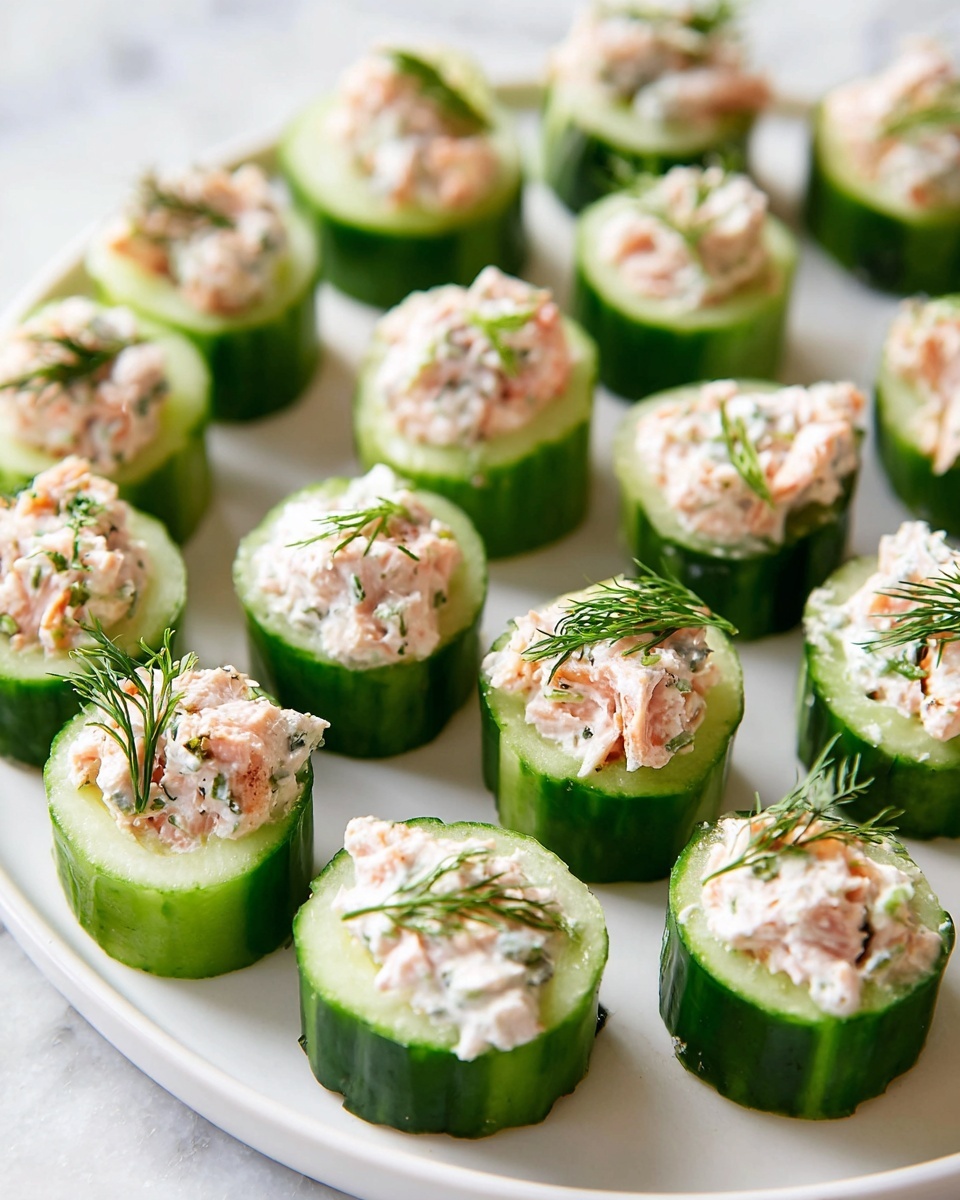 This image shows many bite-sized cucumber rounds arranged on a white plate with a white marbled texture underneath. Each cucumber piece is thick and green with its center hollowed out and filled with a creamy, light pink and white mixture that looks like a spread with small bits of herbs and onions. The top of each filling is decorated with small sprigs of fresh green dill, adding texture and color contrast. The cucumber slices are evenly spaced in rows, and the whole image has soft, natural lighting with a bright background. photo taken with an iphone --ar 4:5 --v 7