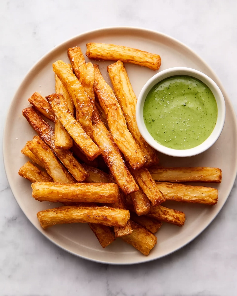 A white round plate sits on a white marbled surface, filled with nine golden-brown fried sticks that have a slightly rough texture and some light salt sprinkles on top. To the right side of the plate is a small white cup filled with a smooth, green dipping sauce. The sticks are stacked loosely on the plate with some overlapping. Photo taken with an iphone --ar 4:5 --v 7