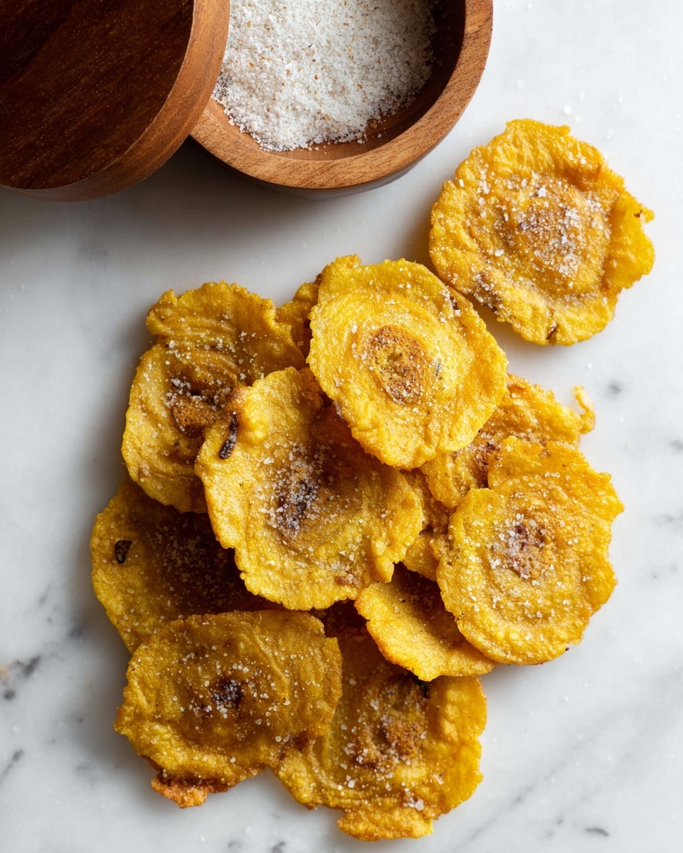 A close-up of a pile of golden yellow tostones (fried plantain slices) arranged on a white marbled surface. Each tostone is round, slightly uneven in shape, with a crispy texture and a light sprinkle of coarse salt visible on top. The tostones vary slightly in shade from light yellow to a deeper golden browning, showing their crisp edges and soft centers. The white marbled texture beneath adds a clean, bright background that contrasts with the rich yellow color of the tostones. Photo taken with an iphone --ar 4:5 --v 7